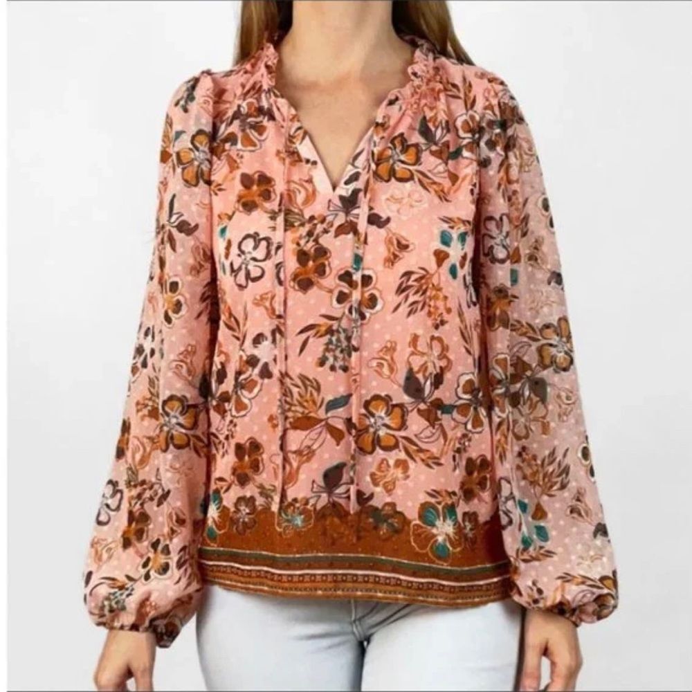 Joie Floral Peasant Long Sleeve Tie V-Neck Blouse Orange, Teal & Brown Medium